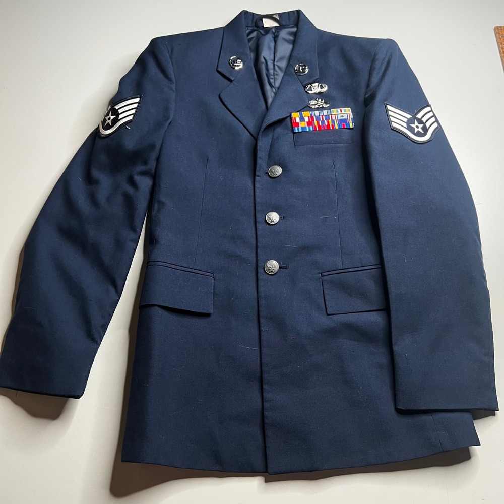 US Air Force Service Dress Uniform Coat Blue 38R DeRossi & Son SSgt Insignia